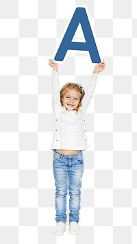 Kid holding letter a png, transparent background