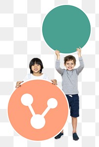 Png kids holding round boards, transparent background