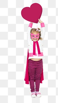 Png superhero girl holding heart icon, transparent background