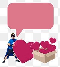 Superhero kid with hearts png, transparent background