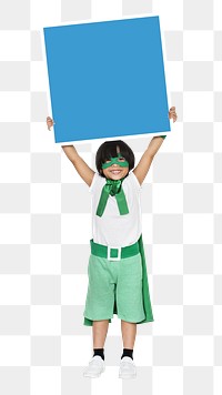 Superhero with empty board png kid, transparent background