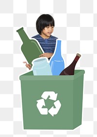 Boy recycling glass bottles png, transparent background