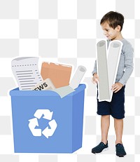 Boy recycling paper png, transparent background
