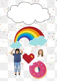 Kids with rainbow & donut png, transparent background