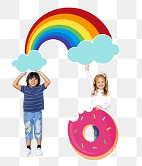 Kids with rainbow & donut png, transparent background