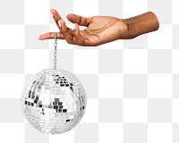 PNG Hand holding a silver disco ball collage element, transparent background