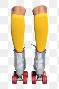 Roller skates png with legs in socks, transparent background