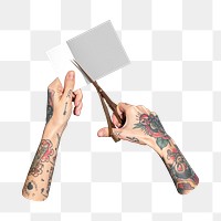 PNG Hands with tattooed holding scissors cutting paper, collage element, transparent background
