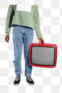 PNG Woman holding a red retro television, transparent background