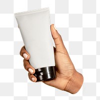 PNG Hand holding a cream tube collage element, transparent background
