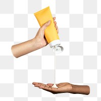 PNG Woman squeezing cream from a yellow tube, collage element, transparent background