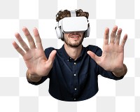 PNG Young man using a VR headset, collage element, transparent background