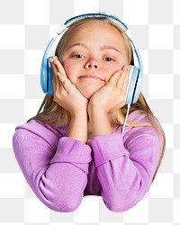 Png girl listening to music, isolated collage element, transparent background