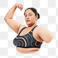 Woman sportswear png, colorful tank top, bicep pose, plus-size fashion, transparent background