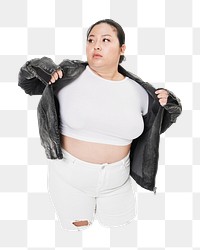 Png woman white t-shirt and jacket, plus-size fashion, transparent background