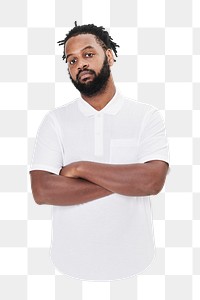 White polo png, men's fashion, arm crossed, transparent background