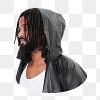 Black raincoat png, men's fashion, close up, transparent background