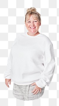Png blonde woman in white sweater, transparent background