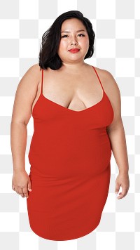 Png plus-size fashion, red spaghetti strap dress, transparent background