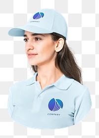 Png woman blue polo and cap, transparent background
