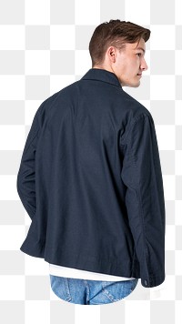 Man png in navy jacket and jeans, casual fashion, rear view, transparent background