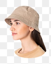 Png woman beige bucket hat and beige t shirt, transparent background