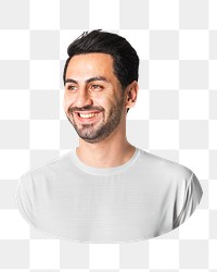 Png man white t-shirt smiling, transparent background