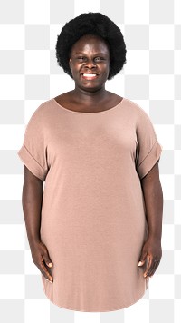 Png pink dress, plus-size fashion, African American model, transparent png