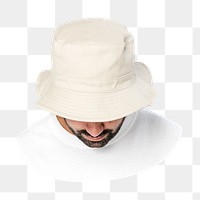 Png man in white bucket hat, basic wear, transparent background