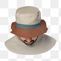 Png man in beige bucket hat, brown brim, transparent background