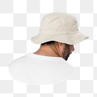 Png man in white bucket hat, basic wear, rear view, transparent background