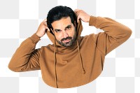 Png man in brown hoodie, indian model, transparent background