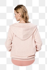 Png woman in pink hoodie, transparent background, rear view