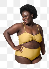 Png yellow bikini, plus-size fashion, transparent background