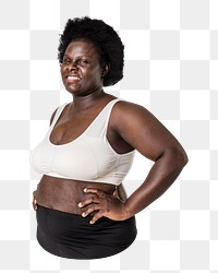 Png woman in bra, African American model, plus size fashion, transparent background