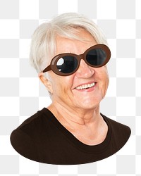 Png happy senior woman, black sunglasses, summer apparel, transparent background