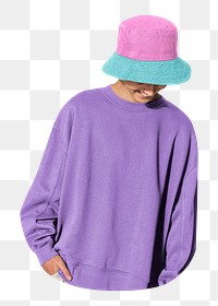 Boy png in purple sweater and pink bucket hat ,transparent background