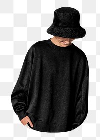 Boy png in black sweater and bucket hat ,transparent background