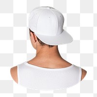 Png man in white snapback cap, rear view, transparent background