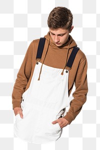 Png boy in white overalls and brown hoodie, transparent background