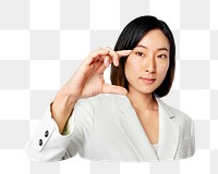 PNG Asian businesswoman touching virtual screen, transparent background
