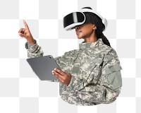 PNG Female soldier using tablet with VR headset, transparent background