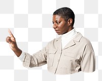 PNG Woman pointing out png index finger, collage element, transparent background