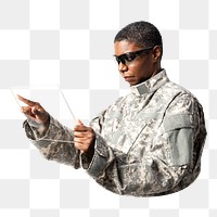 Png military officer using tablet, transparent background