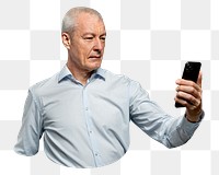 Png businessman scanning his face to unlock phone, transparent background