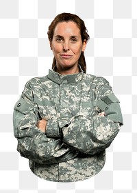 Female soldier png smiling in a uniform, portrait, transparent background