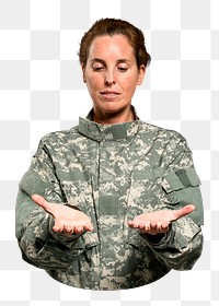 Female soldier png presenting invisible object, transparent background