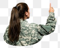 Female soldier png pressing index finger on an invisible screen, transparent background