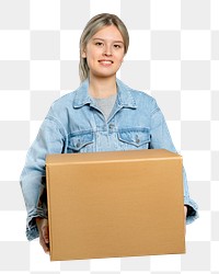 PNG Woman carrying a moving box, collage element, transparent background