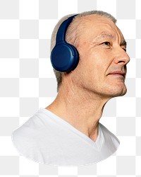 Senior man png wearing headphones, transparent background